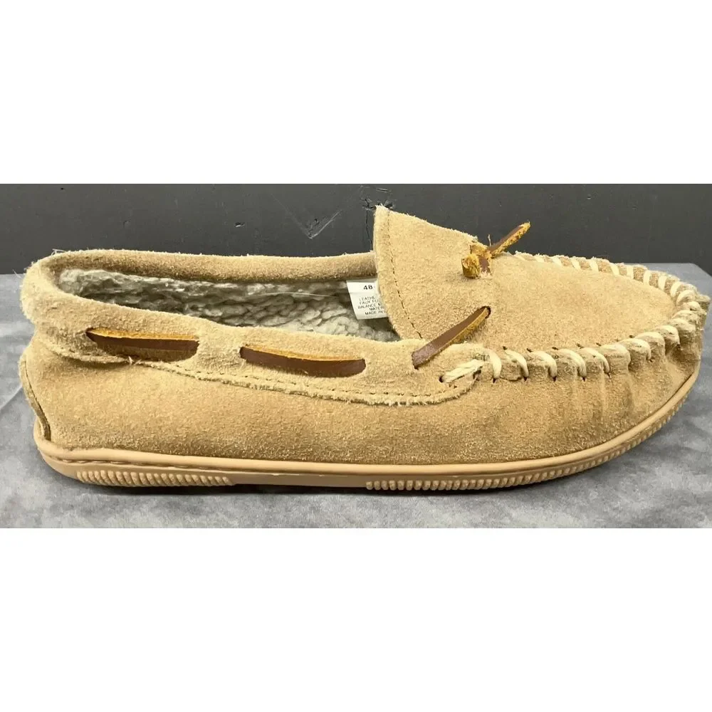 Minnetonka Moccasins Kids 3‎ Brown Tan Leather Sherpa Lined Slippers Shoes